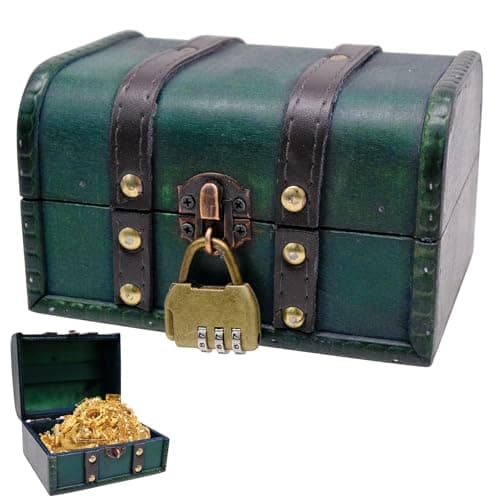 Image of Fahibin Kids Pirate Treasure Chest, Classic Wooden Storage Box, Small, 16cm*12cm*9.5cm, Lockable, For Jewelry, Accessories, Children's Adventure Games, Theme Parties