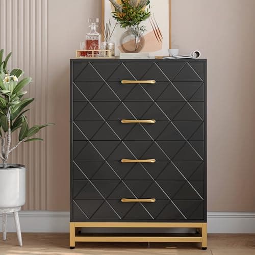 Image of Aptliton Modern Wooden 4 Drawer Dresser for Bedroom, Wide Metal Handles & Tall Storage Chest, Sturdy Cabinet for Closet, Hallway, Living Room, Pink and White Finish