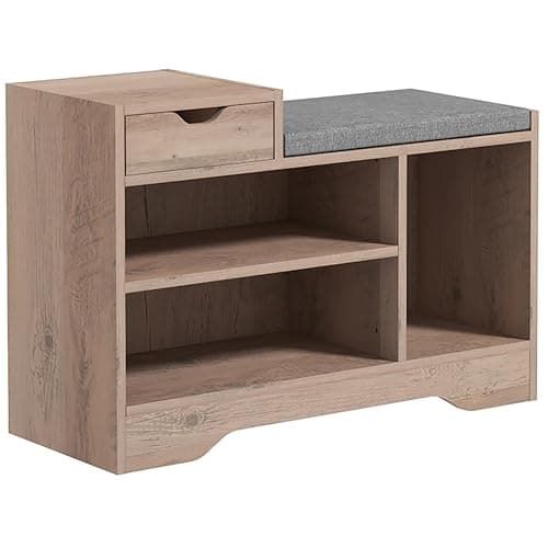 Image of HOMCOM Shoe Storage Bench, Shoe Rack Bench with Seating Cushion, Drawer, 3 Open Compartments and Table Top for Entryway, Hallway, Distressed Grey