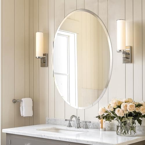 Image of Artloge Oval Wall Mirror Silver Frameless : 50 x 70cm Decorative Oval Mirrored Glass Vanity with Beveled Edge for Bathroom Living Room Entryway Hallway,Hangs Vertically or Horizontally