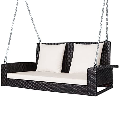 Image of RELAX4LIFE Outdoor 2-Seater Swing Set, Rattan Swing Bench and Metal Frame with Cushions, Hanging Loveseat for Patio Garden(Swing Chair with White Cushions)