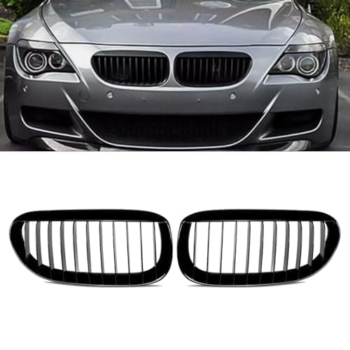 Image of MAGICKIT E63 Radiator Grill Compatible with 2004-2010 BMW 6 Series E63 E64 650i Front Bumper Grille Car Gloss Black Single Slat Grills
