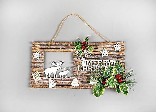 Image of Wooden Twig Frame Plaque Sign Christmas Reindeer Scene Merry Christmas Wall Hanging Decoration with Pine Cones, Red Berries, Glittery Leaves, and Festive Elements - Door Wall Xmas Home Decorative Gift