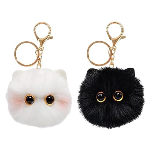 Image of Hontaog 2 Pcs Fluffy Plush Cat Keyrings, Black & White Pom Pom Cat Keychains, Cute Bag Charms for Handbags Backpacks & Car Keys, Soft Plush Key Ring for Women Girls & Cat Lovers