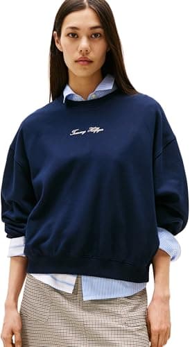 Image of Tommy Hilfiger Women’s Round Neck Classic Script Terry Sweatshirt, Blue (Dark Night Navy), XL