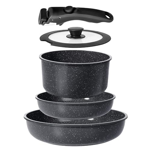 Image of GiPP Pots and Pans Set Non Stick,5PCS Granite Nonstick Cookware Sets with Detachable Handle,Induction Kitchen Set Removable Handle,RV Cookware Set,PFAS PFOA Free,Oven Safe(Grey,5PCS)