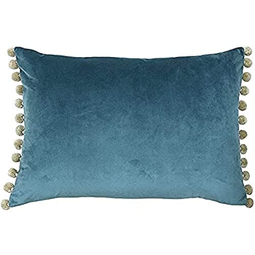 Image of Riva Paoletti Fiesta Rectangular Filled Cushion Blue Beige Pompom Edges-Faux Velvet Fabric-Discreet Zip Closure-100 Case (14" x 20" inches), Polyester, Duck Egg/Natural, 35 x 50cm