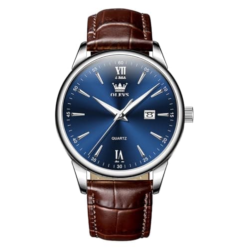 Image of OLEVS Mens Watches Brown Leather Strap Roman Numerals Analog Quartz Watches for Men Big Face Waterproof Blue Mens Watch Simple Stylish Easy to Read Luminous Men’s Wristwatch with Calendar
