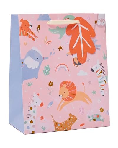 Image of UK Greetings | Medium Gift Bag for Baby Girl/New Parents | Party Bags for Presents | Birthdays/Weddings/Christmas | Cute Animals Design | 22.8 x 19 cm