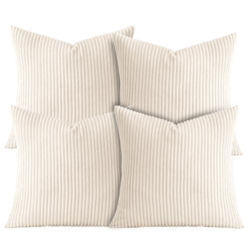 Image of AMEHA Soft Stripe Cream Velvet Cushion Covers 45 x 45 cm Set of 4 Pcs with Invisible Zipper Decorative Square Throw Pillowcases for Bedroom, Sofa (18x18 inch Stripe Cushions)