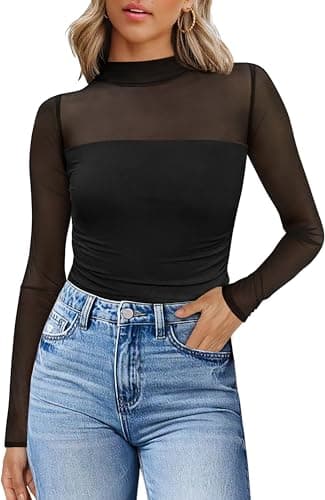 Image of WIHOLL Women's Sheer Tops Mesh Blouses Mock Turtle Neck Long Sleeve Tops Mesh Ruched Sexy Lace Shirts Womens Tops Black,M
