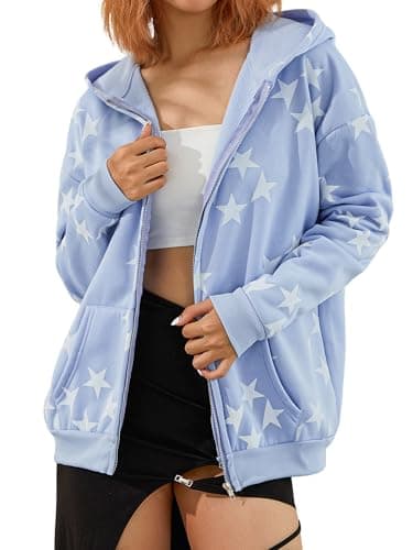 Image of Anuedgis Women's Y2k Grunge Star Zip-Up Hoodie Cosy Loose Fit Harajuku Streetwear Sweatshirt with Pocket for Autumn Winter (A-Blue, XL)