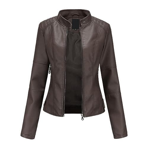 Image of YYNUDA Leather Jacket Women PU Biker Moto Jacket Zip Up Classic Short Bomber Jacket Standing Collar Motorcycle Coat Coffee L