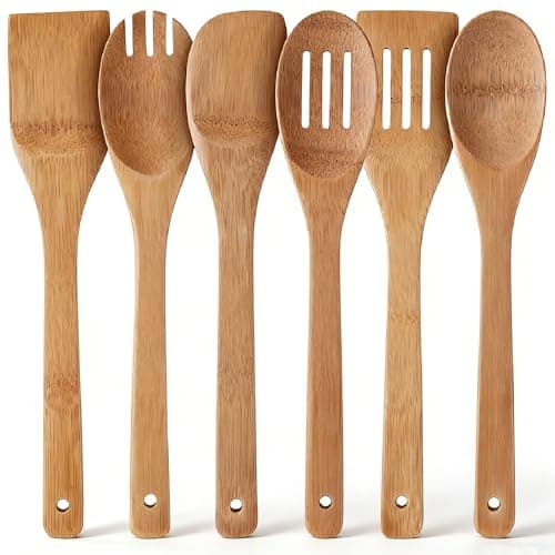 Image of Wooden Spoons for Cooking, 6 Piece Dark Wooden Spoon Set, Wooden Spatula for Cooking, Slotted Wood Bamboo Spoon, Wooden Utensil Set, Premium Wood Kitchen Utensils