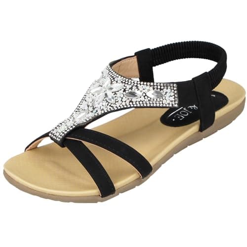 Image of Jo & Joe Ladies Faux Leather Open Toe Sling Back T-Bar Diamante Gem Stone Flat Gladiator Summer Sandals Size 3-8 (7 UK, Black)