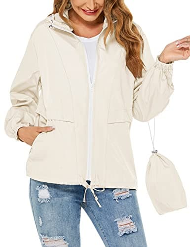 Image of Tisfeer Womens Rain Jacket Lightweight Windproof Raincoats Waterproof Packable Hooded Outdoor Trench Coat(Beige,S)
