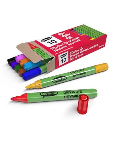 Image of SHOW-ME - Whiteboard Markers | Drywipe, Erasable Medium Tip 2mm Line in Assorted Colours | Classroom Board Writing Pens with 3-Day Cap-off, Box of 10
