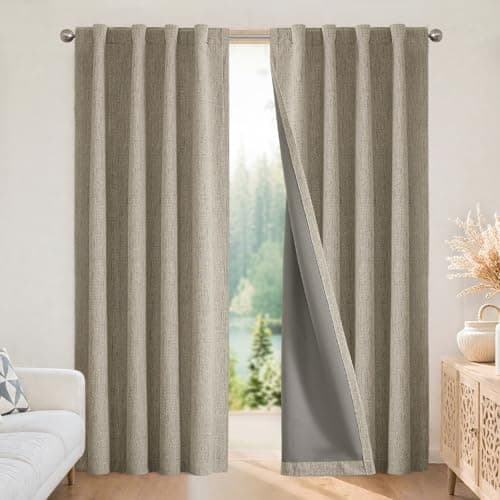 Image of Joydeco Blackout Thermal Lined Curtains 66x90 Inch Drop 2 Panels with Back Tabs & Rod Pocket, 100% Light Blocking Linen Texture Fabric Curtain Drapes for Living Room Bedroom