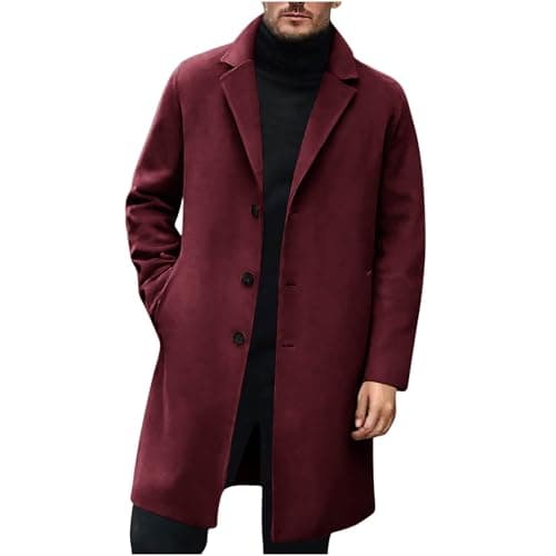 Image of Mens Wool Overcoat - Long Trench Coat, Regular Fit Notched Collar Peacoat, Winter Winter Woolen Jacket, Business Work Office, Single Breasted, Pockets, Full Length, Casual Outwear, Windbreaker Uk