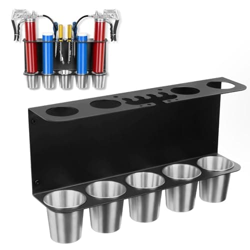 Image of Gavinjitao Grease Gun Holder, Wall Mount Storage Rack Compatible with 2 Grease Guns Organizer with 5 Removable Drip Cups for Garage and Shop Workshop Storage Black