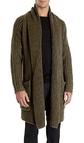 Image of Runcati Mens Knitted Cardigan Long Shawl Collar Sweater Autumn Winter Chunky Knit Jacket Open Front Knitwear, Green, L