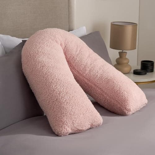 Image of OHS Teddy Pillow V Shaped Blush Pink, Pregnancy Pillows for Sleeping Relaxing Super Soft Warm Comfy Pillow Snuggle V Shaped Cushion for Bed, 68 x 45 x 18cm