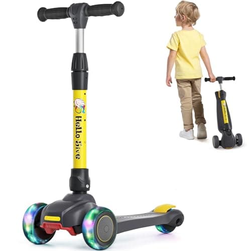 Image of 3 Wheel Kids Scooter Age 3-6, Foldable Toddler Scooter with Flashing Light-Up Wheels, 4 Level Height Adjustable Lean to Steer Lightweight Kick Scooter for Boys Girls (Black&Yellow)