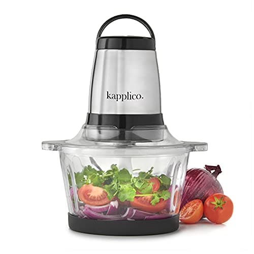 Image of KAPPLICO Chrome Mini Chopper Mini Food Processor 4 bi-Level Blades - Energy Saver 250W Dual Speed - 2.0L Food Capacity Glass Bowl - 2 Year Warranty - Metallic Red