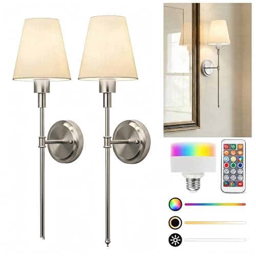 Image of LOHAS-LED Battery Operated Wall Sconces Set of 2, Rechargeable Wall Lights Remote and Dimmable, Sconce Wall Decor Set of 2, Easy Installation, Wireless Wall Lights for Living Room Bedroom, Nickel
