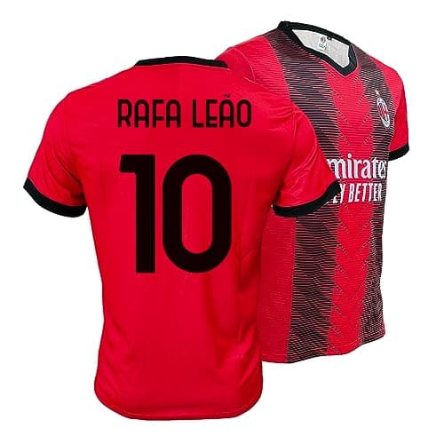 Image of ZeroPlayer Raphael Leao 17 Personalised Name and Number Milan Jersey, Home 2022 2023 Official Replica, Red, Black, 100% Polyester, 10 Years
