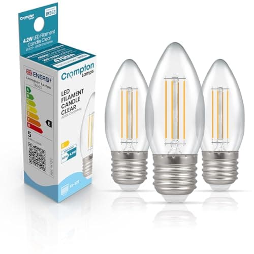 Image of Crompton Lamps Filament Candle LED Light Bulb ES-E27 | 4.2W = 40W Equivalent | Cool White 4000K | Energy Efficient | Edison Screw Lightbulb | Long Life 15,000-Hrs | Clear Glass | 3-Pack