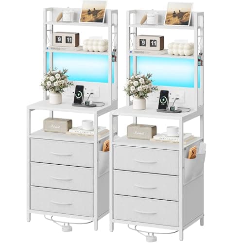 Image of Dripex Bedside Table Set of 2 with LED Lights and Charging Station, Nightstand with 3 Fabric Drawers and Metal Frame, Slim Bedside Cabinet with Open Shelf, Side Table for Bedroom, Living Room (White)