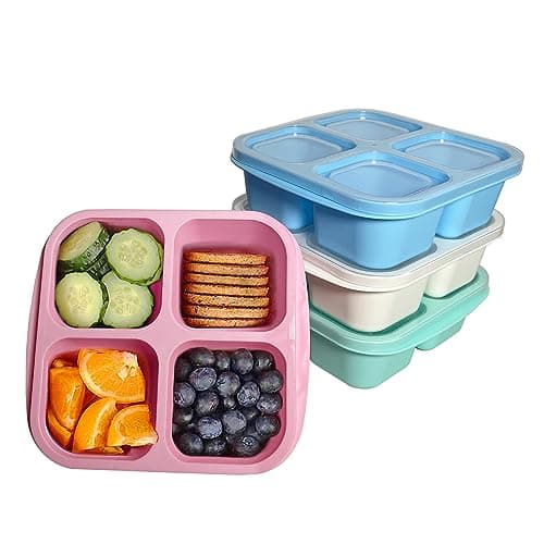 Image of MEEYUU 4 Pack Snack Containers, 4 Compartments Bento Snack Box, Reusable Meal Prep Lunch Containers for Kids Adults, Divided Food Storage Containers for School Work Travel (Green/Blue/Pink/White)