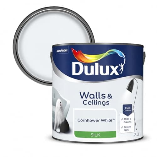 Image of DRW Cornflower White Silk Emulsion Paint 2.5L | Interior Wall and Ceiling Paint | Smooth Mid Sheen Silk Finish | Durable Everyday Room Paint for Living Room Bedroom Hallway and Dining Room