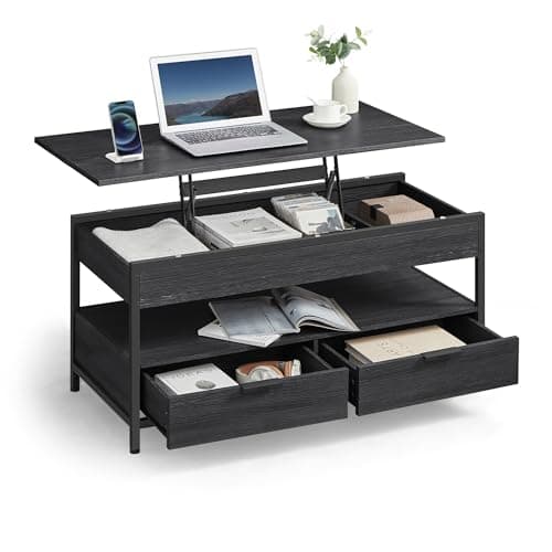 Image of VASAGLE Lift Top Coffee Table, Living Room Table, with Storage Drawers, Hidden Compartments, and Open Shelf, Charcoal Grey and Ink Black LCT209B22