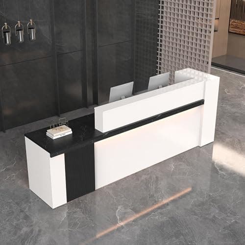 Image of NOWIHOP Reception Desk with Lockable Drawer, Open Shelves, Keybord Tray, LED, Double Reception Room Table, Large Front Reception Counter Checkout for Office & Business, Salon, Lobby, Retail, Hotel