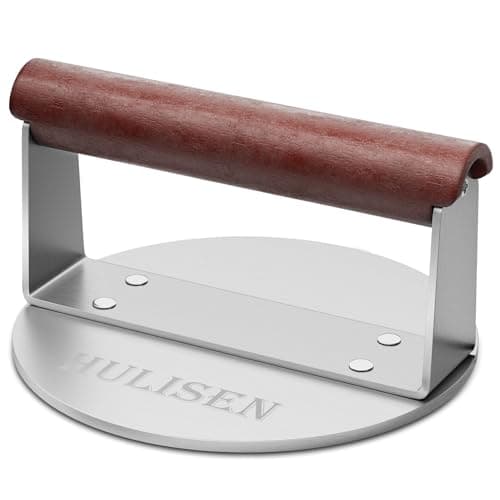 Image of HULISEN Stainless Steel Burger Press, Heavy Weight Smashed Burger Press, Grill Press with Heat Resistant Wood Handle, 6 Inch Burger Smasher, Barbecue Griddle Accessories for Bacon Hamburger Steak Meat