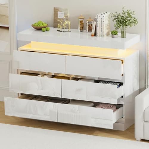 Image of LSBIKE White Full Gloss 6/8 Chest of Drawers with 16 Colour LED Light Modern Chest of Drawers, Music Mode, Light Adjustable Storage Cabinet for Bedroom Living Room Hallway Furniture (6 drawer)
