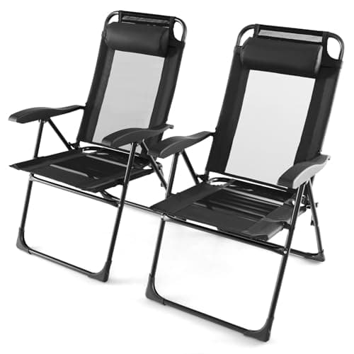 Image of COSTWAY Set of 2 Folding Zero Gravity Chair, 7 Positions Adjustable Garden High Back Recliner Sunlounger with Headrest Pillow, Outdoor Camping Chair for Beach Patio Deck (150kg Capacity, Black)
