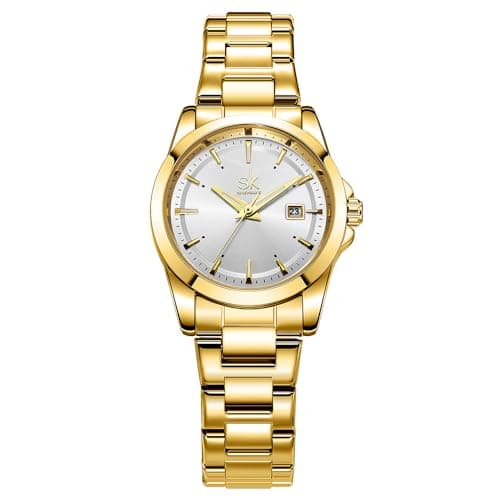 Image of SHENGKE Minimalist Quartz Watches for Women with Date Stainless Steel Bracelet and Fashionable Color Dial (Gold-Silver)