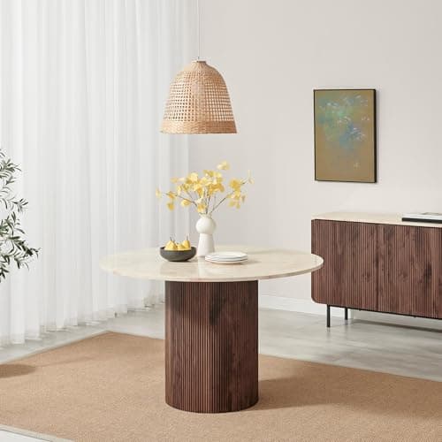 Image of Furniturebox UK Dining Table, 'Penrose' Walnut & Cream Marble Effect 120cm 4, 6 Seat Round Wooden Pedestal Table, Melamine Veneer, Slatted Wood Pillar Leg, Modern Scandi Style Dining Furniture