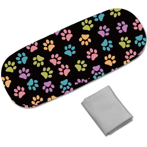 Image of CREATCABIN Paw Print Hard Shell Eyeglasses Case Leather Glasses Case Sunglasses Case Slim Portable Cute Clamshell Protective Case Holder Pouch Cover with Cleaning Cloth for Women Men 6.4x2.5x1.5 Inch