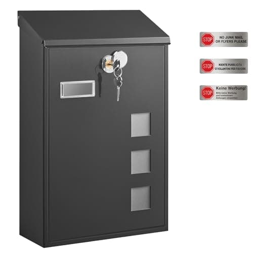 Image of SONGMICS - Modern Wall Mounted Post Box with Viewing Windows, Nameplate, Lock with Copper Core, Easy to Install, Black GMB031B02