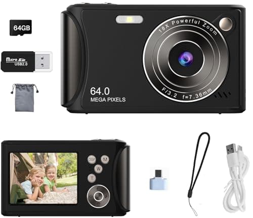 Image of Digital Camera for Kids Teen Students Beginner, 1080P FHD 64MP with 2.4" LCD Screen,18X Digital Zoom, Compact Portable Vlogging Camera with 64gb SD Card and Type-C OTG Adapter (Black)