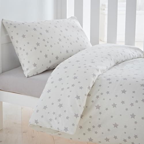 Image of Silentnight Safe Nights Cot Bed Duvet Set - Breathable 100% Cotton Jersey - Super Soft Kind to Skin - Duvet Cover & Pillowcase for Toodler Child Junior Quilt - 150x120cm - Hypoallergenic, Grey Stars