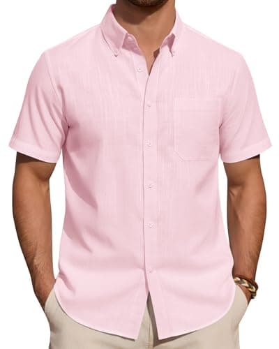 Image of J.VER Linen Shirts Short Sleeve Men Pink Summer Smart Casual Regular Fit Lightweight Holiday Beach Button Down Shirt XL