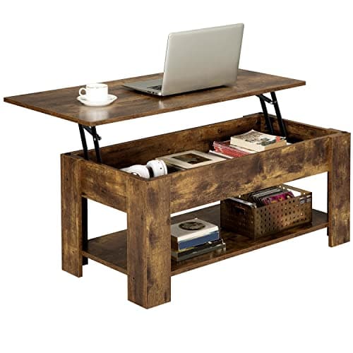 Image of Yaheetech Lift Up Coffee Table, Wooden Lifting Tea Table with Hidden Storage Drawer and Open Shelf for Living Room/Reception, Rustic Brown, 98x50x(42-56) cm
