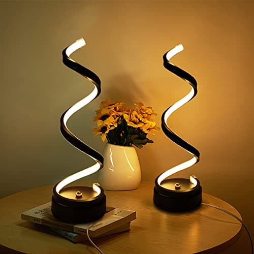 Image of Set of 2 Modern Spiral LED Table Lamps,ELINKUME Warm White Bedroom Bedside Lamp,Stepless Dimmable,Living Room Minimalist Decorative Lighting 12W,Reading Desk Light for Office and Study,Black