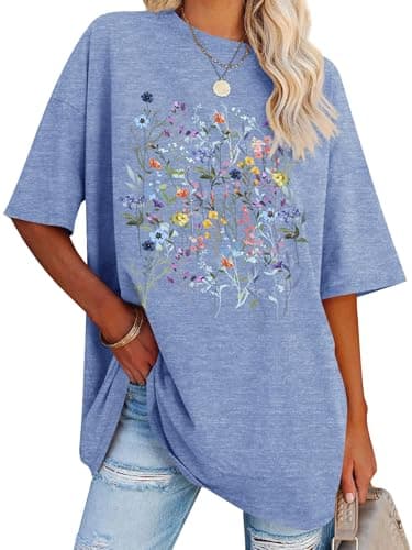 Image of Dresswel Oversized T Shirts for Women Wildflowers Floral Graphic Print Tshirt Womens Crew Neck Short Sleeve Oversize Loose Tees Summer Tops
