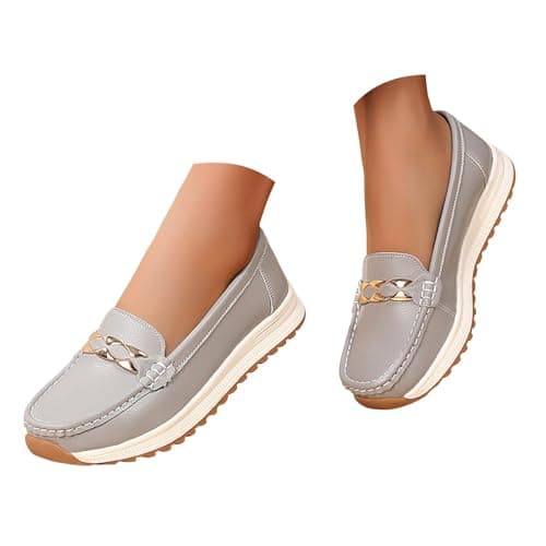 Image of Loafers Shoes for Women,Women's Loafers & Moccasins,Ladies Casual Slip-On Orthopedic Leather Wedge Loafer Comfort Low Top Leather Shoe Lightweight Platform Round Toe Business Work Shoe A Grey